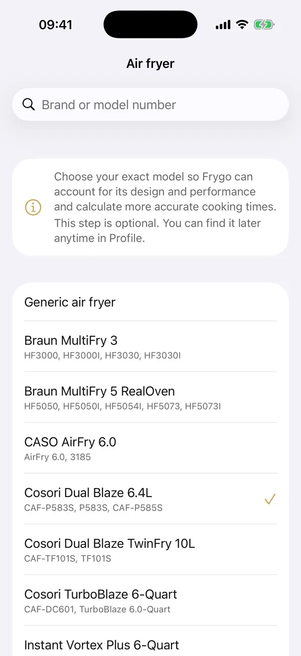 Selecting an air fryer in Frygo