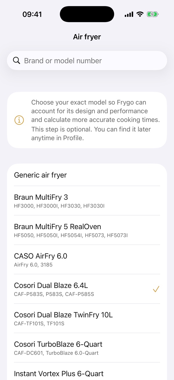 Air fryer selection screen